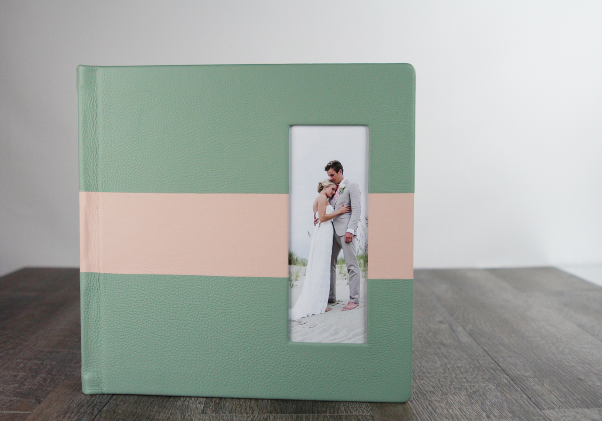 ONE™ series album in Aquadisiac & Girlie Girl leather with an 8x3 cut-out